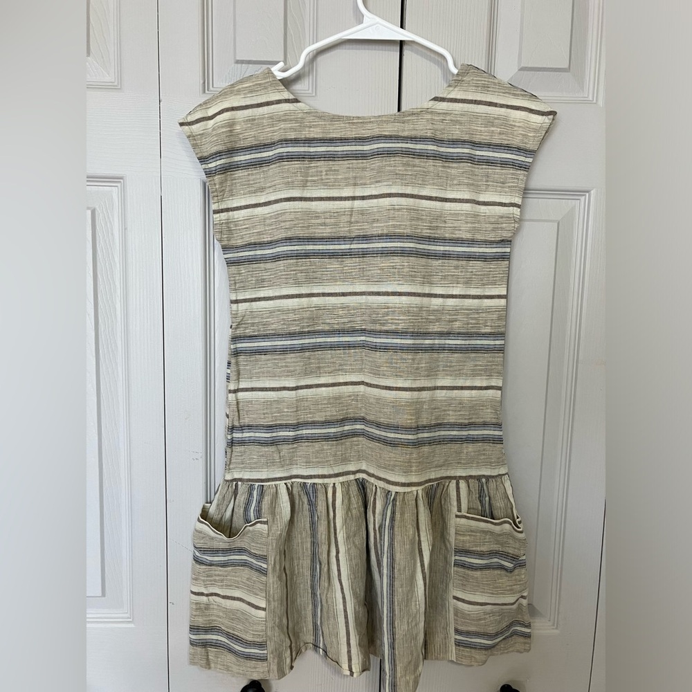 Kids Patagonia Dress Sz L (14/16) Tan Striped Pockets Knee Length Summer Casual